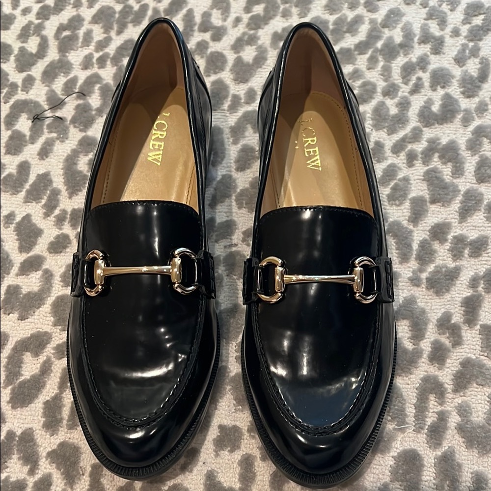 J. Crew Black and Gold Patent Leather Loafers